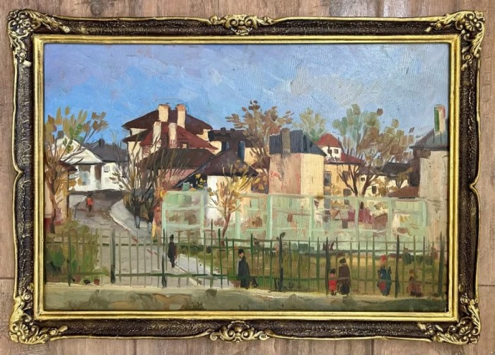 Toader Schipor 1965 Tablou Peisaj din Iași intersecție Str Iacob cu Str Dimitrov pictura ulei inramat 46x65 cm