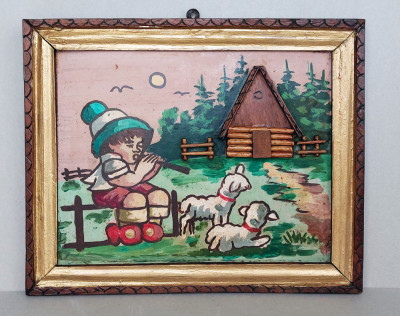 Ciobanas cu fluier - pictura ulei pe PFL anii 70, casa in relief, rama 34x28 cm foto