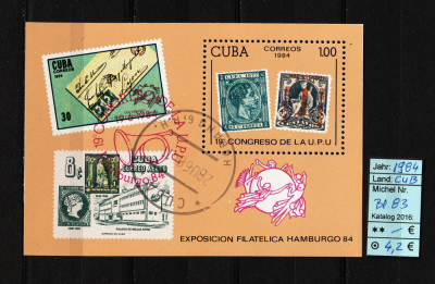 Cuba, 1984 | Expo Hamburg 84 - Istorie poştală, Timbru pe timbru | Coliţă | aph foto