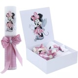 Set Cutie Trusou cu Lumanare, 9 Piese, &quot;Cu drag de la nasi&quot;, Roz Pudra, Minnie Mouse - TB190