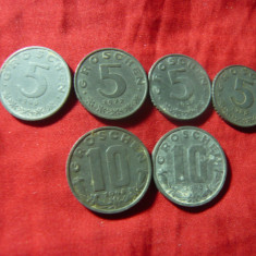 4 Monede 5 grosi Austria 1955 ,57 ,66, 72+ 2 Monede 10 grosi1948 ,49 ,cal.Buna