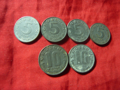 4 Monede 5 grosi Austria 1955 ,57 ,66, 72+ 2 Monede 10 grosi1948 ,49 ,cal.Buna foto