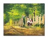 Tablou fete lucrand la poarta pictat manual, 50x40cm ulei pe panza, reproducere Nicolae Grigorescu