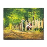 Tablou fete lucrand la poarta pictat manual, 50x40cm ulei pe panza, reproducere Nicolae Grigorescu