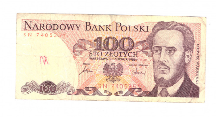 Bancnota Polonia 100 zloti 1986, circulata