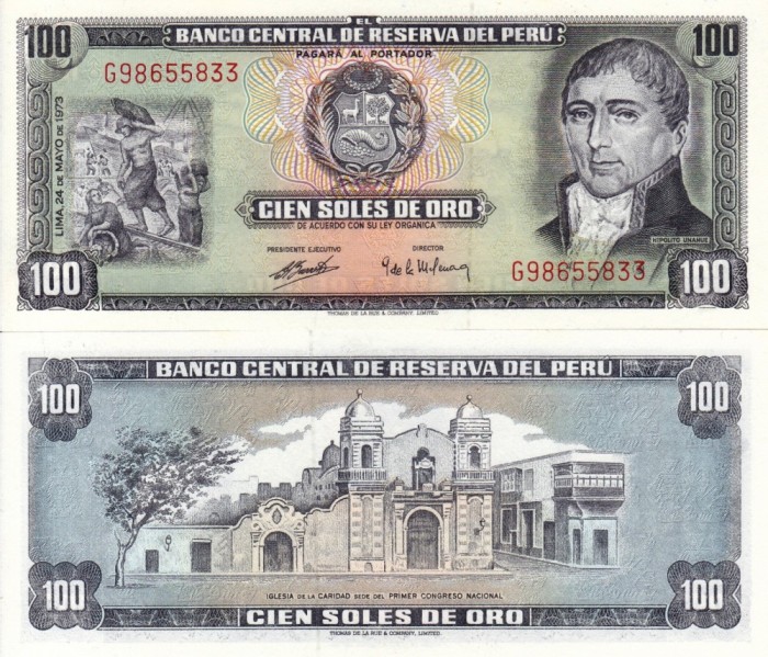 PERU 100 soles de oro 1973 UNC!!!