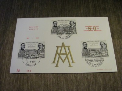 50 Ani Academie Royale de Langue , 3 Timbre Obliterate cu Ștampile Speciale Bruxelles și Li&amp;egrave;ge, Ediție Limitată Colecție Aniversară Belgia 1971 foto