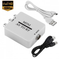 Adaptor AV la RF, Active, Full HD, convertor analog 3 x RCA la RF Coaxial cablu TV, cu mufa video si sunet audio integrat, cablu alimentare USB 5V, co