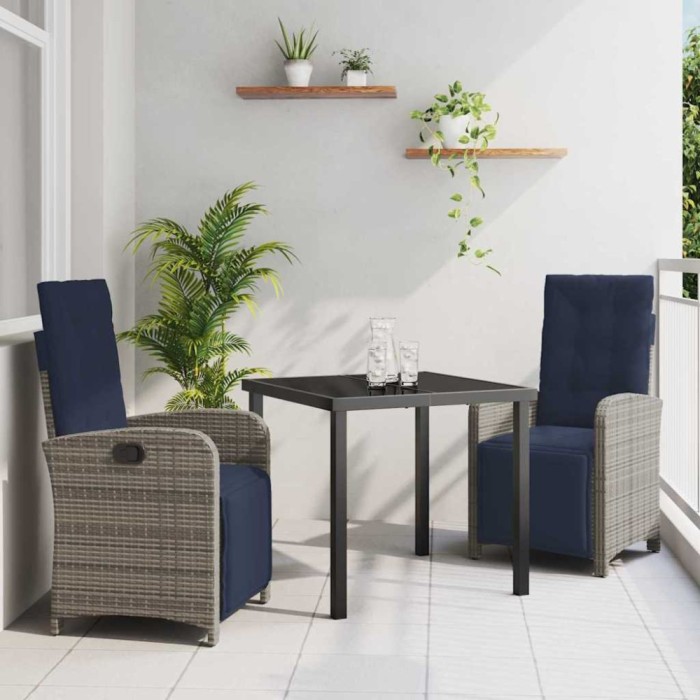 vidaXL Set dining grădină , 3 piese, gri, din rattan și poliester.