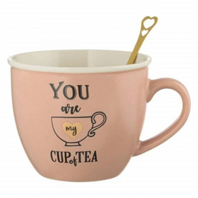 Cana ceramica si lingurita cu infuzor Pufo Elegance pentru cafea sau ceai, 480 ml, roz foto