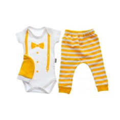 Set 3 piese body, pantalon si caciula cu bretele si papion bebelusi 0-9 luni