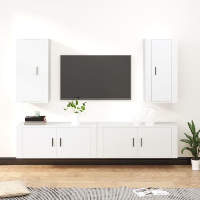 Set dulap TV, 4 piese, alb, lemn prelucrat