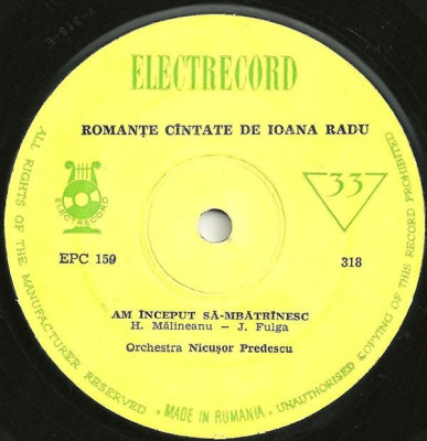 VINIL 7# Ioana Radu &amp;lrm;&amp;ndash; Romanțe C&amp;icirc;ntate De Ioana Radu- Electrecord &amp;lrm;&amp;ndash; EPC 159 foto