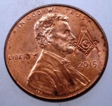 F.206 USA SUA 1 LINCOLN CENT 2015 XF/AUNC MASONIC MASON MASONERIE CONTRAMARCA, America de Nord