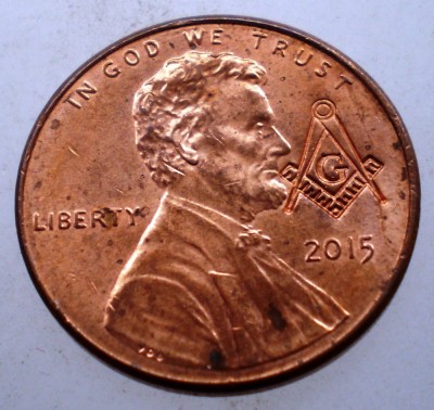 F.206 USA SUA 1 LINCOLN CENT 2015 XF/AUNC MASONIC MASON MASONERIE CONTRAMARCA foto