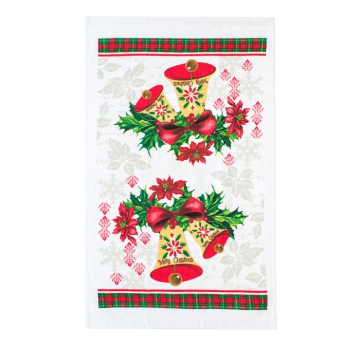 Prosop Bucătărie, Model Crăciunițe și Clopote, Bumbac, Alb, 63x38cm