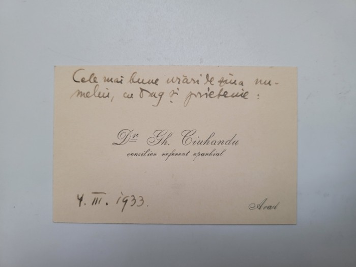 rara carte de vizita dr. Gh. Ciuhandu (1875-1947), Timisoara-Arad, 1933