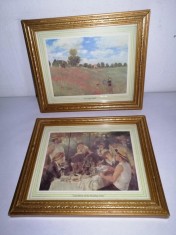 Set 2 tablouri mici in rama reproducere printata dupa picturi Dejunul canotierilor Renoir si Camp de maci Monet