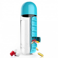 Sticla apa 600 ml cu organizator pentru medicamente culoare turcoaz