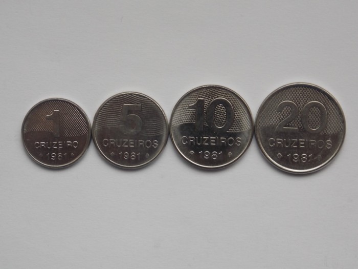 LOT 4 MONEDE DIFERITE 1,5,10,20 CRUZEIROS 1981 BRAZILIA