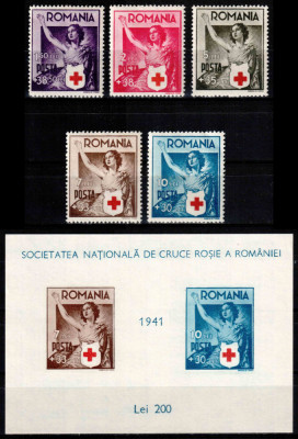 Romania 1941, LP 145 + 146, Crucea Rosie, seria + colita, MNH LUX! foto