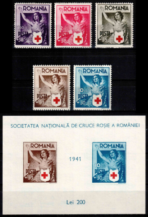 Romania 1941, LP 145 + 146, Crucea Rosie, seria + colita, MNH LUX!