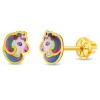 Cercei din Aur 14k Unicorn cu Coama in Culorile Curcubeului &ndash; Inchidere Sigura cu Surub