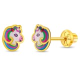 Cercei din Aur 14k Unicorn cu Coama in Culorile Curcubeului &ndash; Inchidere Sigura cu Surub
