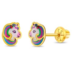 Cercei din Aur 14k Unicorn cu Coama in Culorile Curcubeului &ndash; Inchidere Sigura cu Surub