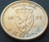 Moneda 1 COROANA / KRONE - NORVEGIA, anul 1957 *cod 1388 = patina frumoasa!, Europa