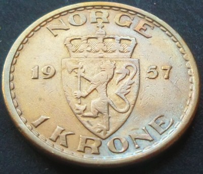Moneda 1 COROANA / KRONE - NORVEGIA, anul 1957 *cod 1388 = patina frumoasa! foto