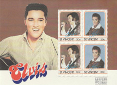 St. Vincent 1985-Arta,Muzica,Elvis Presley,bloc 4 val.,dantelat,nestampilat foto