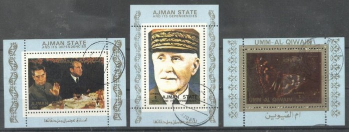 Ajman - Butterflies, Famous people, 3 mini perf.sheet, used AJ.027