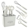 Set 6 ustensile bucatarie Cyrax, cu suport inclus, desfacator, curatator legume, foarfeca, cutit, tel, ABS si inox, alb