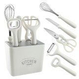 Set 6 ustensile bucatarie flippy, cu suport inclus, desfacator, curatator legume, foarfeca, cutit, tel, abs si inox, alb