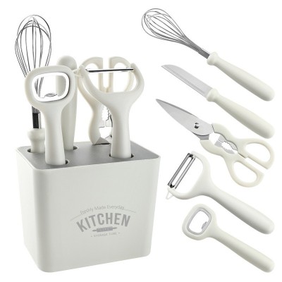 Set 6 ustensile bucatarie flippy, cu suport inclus, desfacator, curatator legume, foarfeca, cutit, tel, abs si inox, alb foto