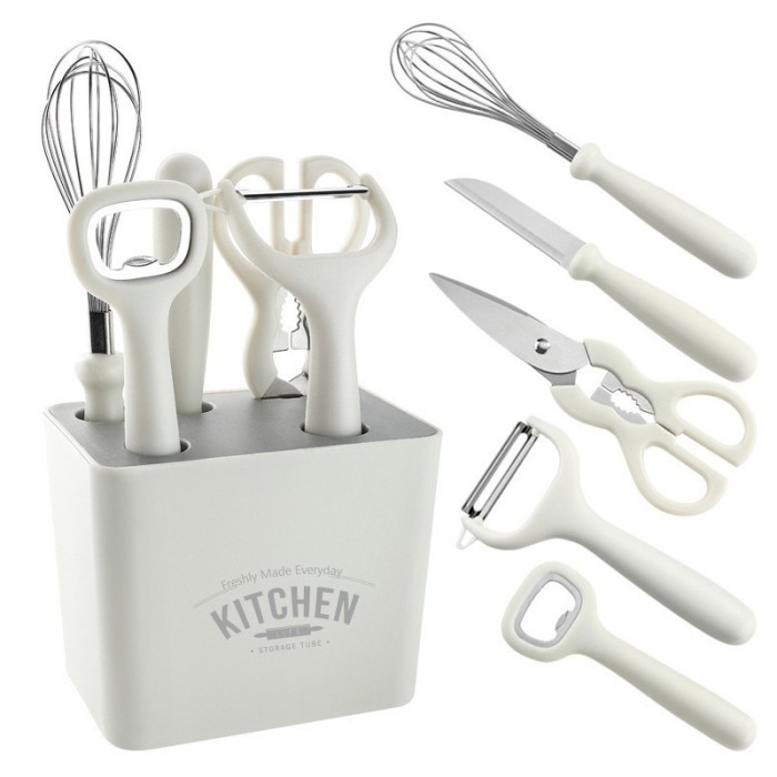 Set 6 ustensile bucatarie flippy, cu suport inclus, desfacator, curatator legume, foarfeca, cutit, tel, abs si inox, alb