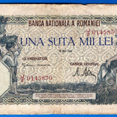 (4) BANCNOTA ROMANIA - 100.000 LEI 1946 (28 MAI 1946), FILIGRAN ORIZONTAL