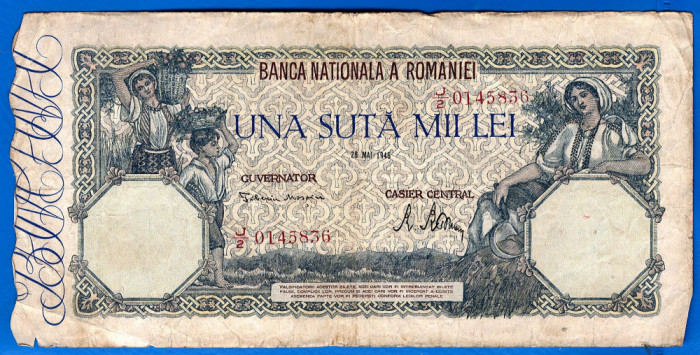 (4) BANCNOTA ROMANIA - 100.000 LEI 1946 (28 MAI 1946), FILIGRAN ORIZONTAL