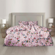 Lenjerie de pat pentru o persoana cu husa de perna dreptunghiulara, Pink flies, bumbac ranforce, gramaj tesatura 120 g/mp, multicolor