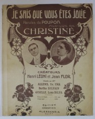 JE SAIS QUE VOUS ETES JOLIE , paroles de POUPON , musique de CHRISTINE , INTERBELICA , PARTITURA