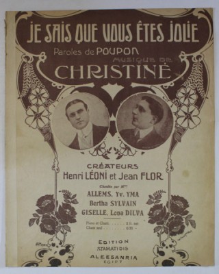 JE SAIS QUE VOUS ETES JOLIE , paroles de POUPON , musique de CHRISTINE , INTERBELICA , PARTITURA foto