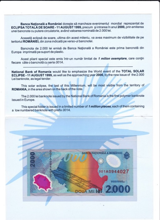 BANCNOTA DE 2000 LEI 1999 ECLIPSA SERII 001A CONSECUTIVE FOLDER SI PLIC BNR UNC