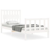 Cadru de pat cu tablie single, alb, lemn masiv