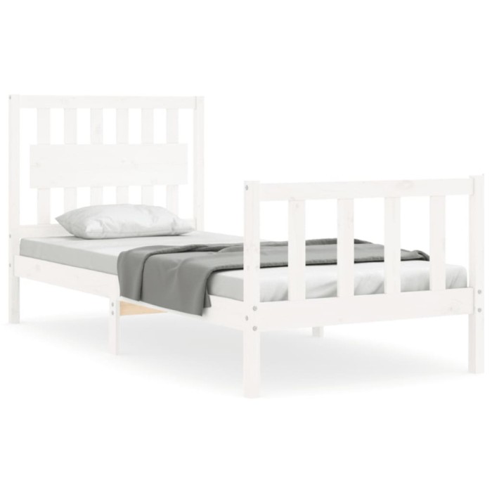 Cadru de pat cu tablie single, alb, lemn masiv