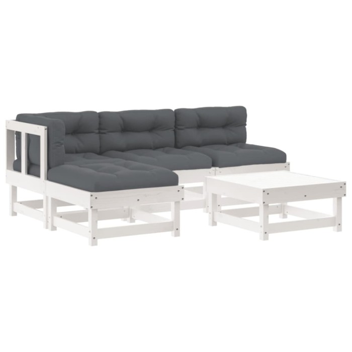 Set mobilier de gradina cu perne, 5 piese, alb, lemn masiv