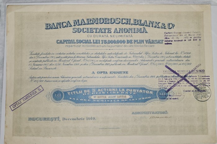 Actiune 2500 lei Banca Marmorosch, Blank &amp; Co. 1920