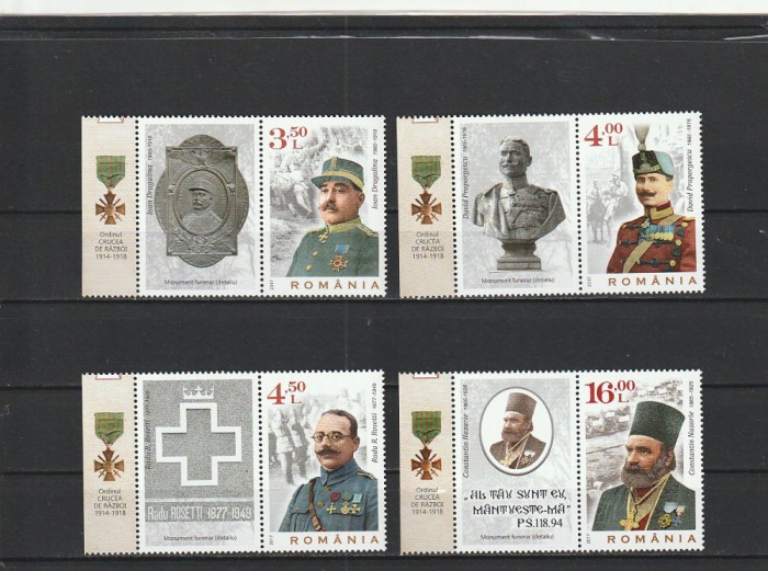 ROMANIA 2017 LP 2174 a GLORIE EROILOR PRIMULUI RAZBOI MONDIAL SERIE CU VINIETA MNH NESTAMPILATA