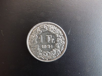 Moneda argint Elvetia 1921.Valoare nominala de 1 Fr.Stare buna. foto