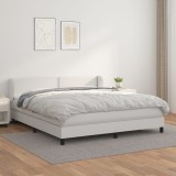 VidaXL Pat box spring cu saltea, alb, 160x200 cm, piele ecologică